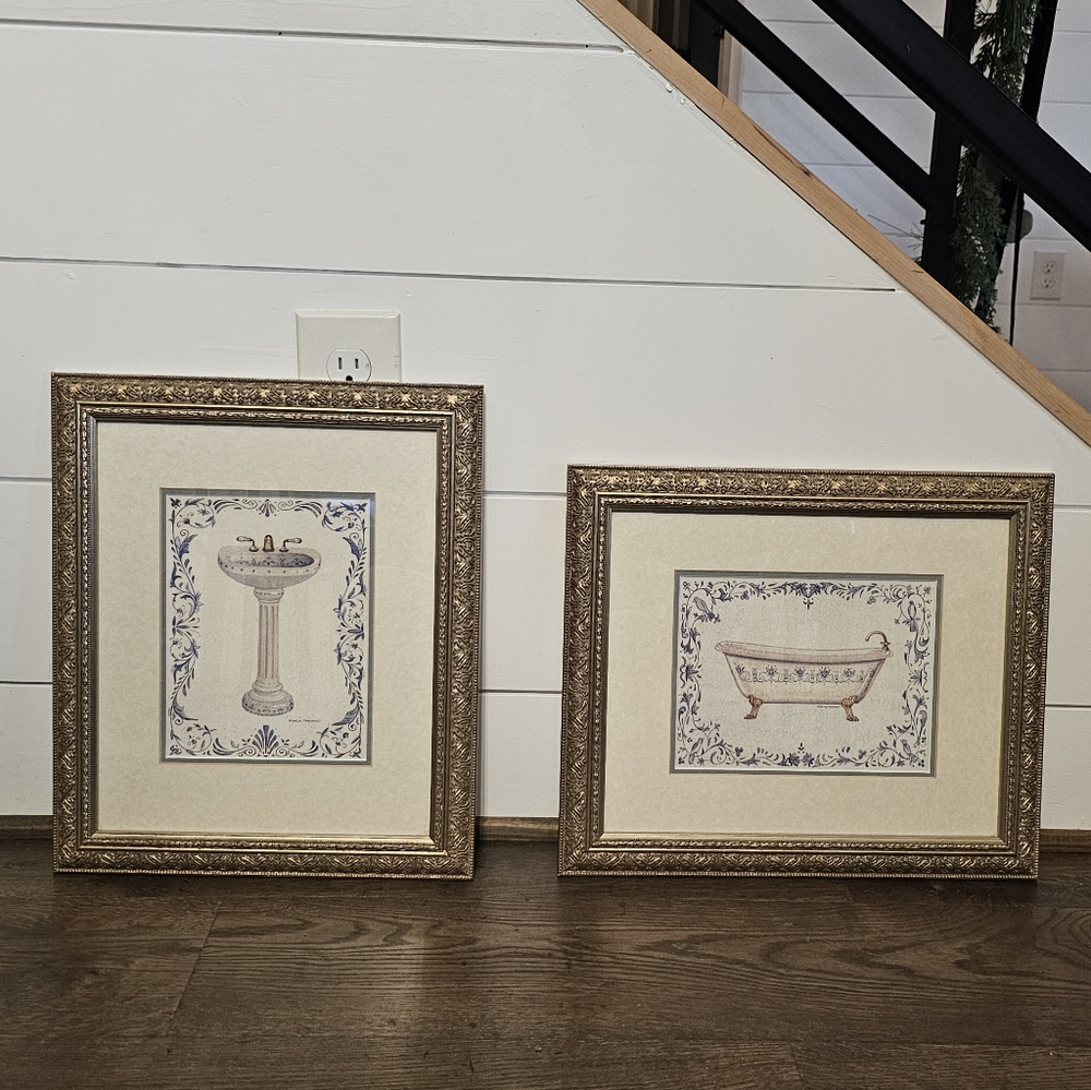 Marco Fabiano Vintage Bath & Sink Framed Art Prints Pewter Tub & Pedestal Sink